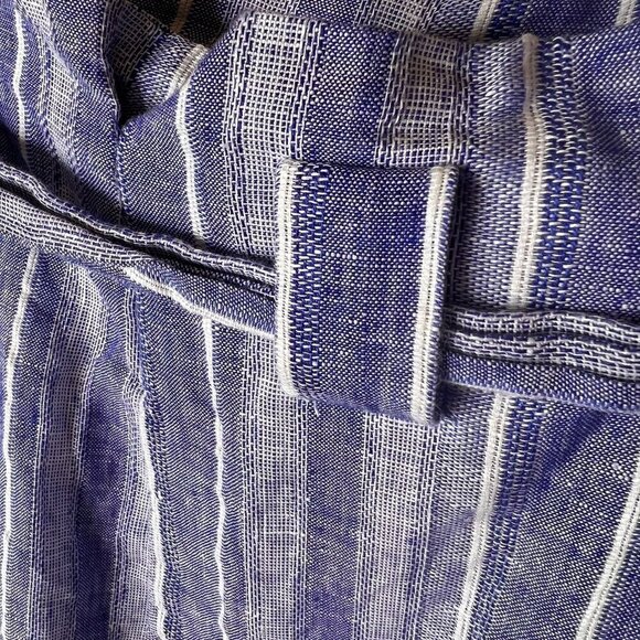 H&M Skirt Size Large Blue & White Linen Blend Striped Faux Buttons Belted Mini - Picture 10 of 16